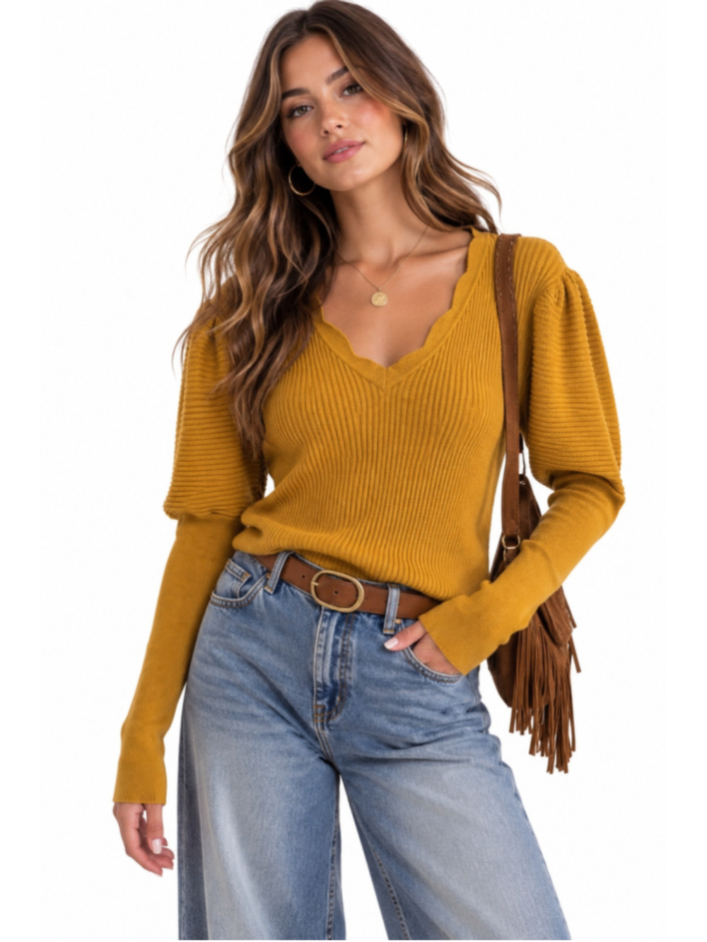 Cable & Gauge Mustard Ribbed Puff Sleeve Sweater Top Size L Boho Fall